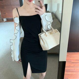 Ruffled Two-tone Panel Cold-shoulder Mini Bodycon Dress