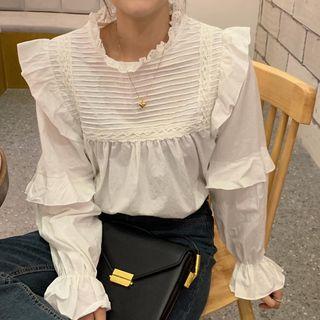 Ruffled Lace Trim Blouse Off-white - One Size