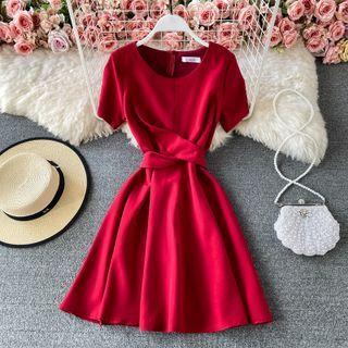 Short Sleeve Plain Wrap A-line Dress