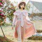 Floral Embroidered Stripe Panel Long-sleeve A-line Dress