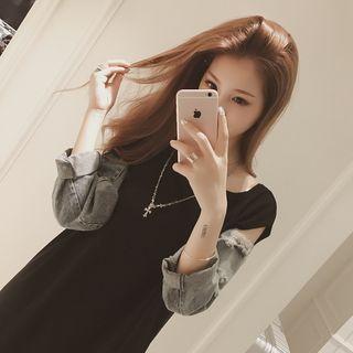 Distressed Denim Panel Long Sleeve T-shirt Dress