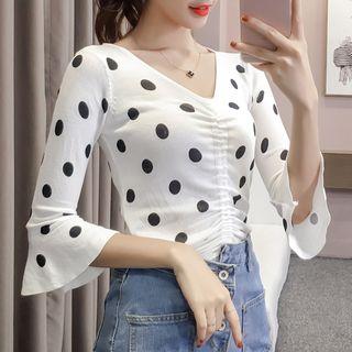 Elbow-sleeve Polka Dot Drawstring Knit Top