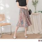 Rose Print Pleated A-line Skirt