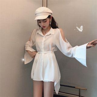 Cutout Long Sleeve Asymmetric Hem Shirt