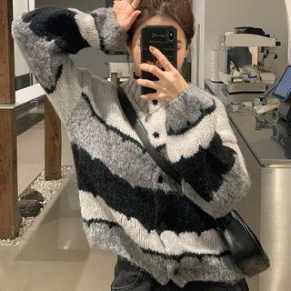 Mock-neck Color Block Striped Long-sleeve Cardigan As Shown In Figure - One Size