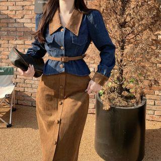 Patchwork Denim Crop Jacket With Belt / Midi Skirt