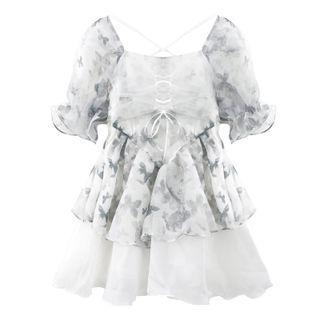 Puff-sleeve Butterfly Print Mini A-line Dress