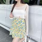 Long-sleeve Sheer Knit Top / Floral Print Mini Pencil Skirt