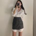 Long-sleeve Plain Mini Shirtdress / Double Breasted Striped Mini Skirt