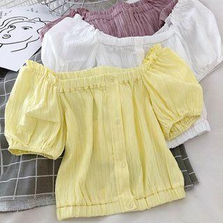Plain Off-shoulder Puff-sleeve Crop Blouse