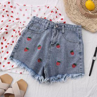 Strawberry-embroidered Frayed Denim Shorts