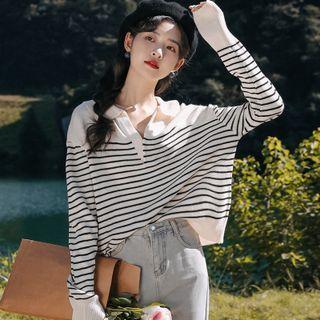 Polo-neck Striped Sweater Stripes - Black & White - One Size
