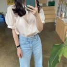 Mock Two Piece Puff-sleeve Plain Blouse