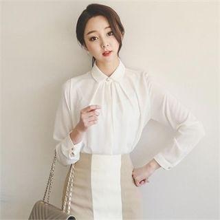 Faux-pearl Trim Shirred-front Top