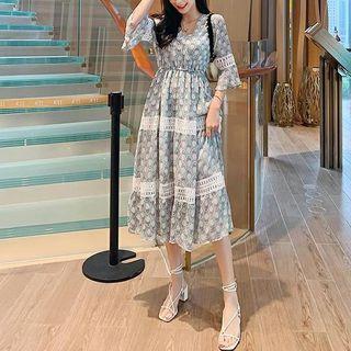 Printed Lace Panel Elbow-sleeve Midi A-line Dress