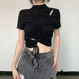 Asymmetrical Short-sleeve Cutout Drawstring Crop T-shirt