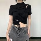 Asymmetrical Short-sleeve Cutout Drawstring Crop T-shirt