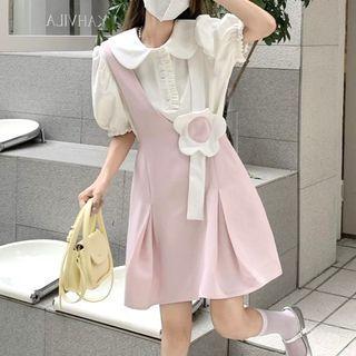 Short-sleeve Frill Trim Blouse / Flower Overall Dress
