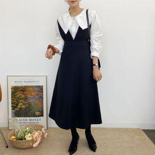 V-neck Pinafore Dress / Collared Lace Trim Blouse