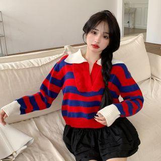 Striped Collared Sweater Stripes - Red & Blue - One Size