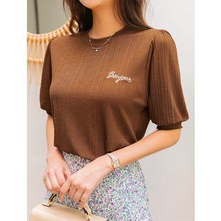 Puff-sleeve Lettered Ribbed Top