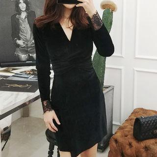 V-neck Lace-trim Velvet Mini Dress