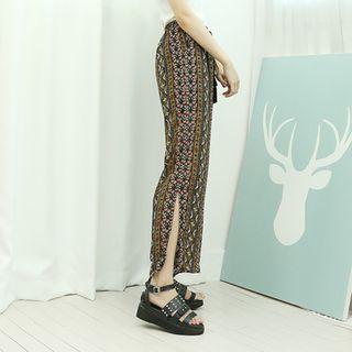 Patterned Slit-side Wide-leg Chiffon Pants