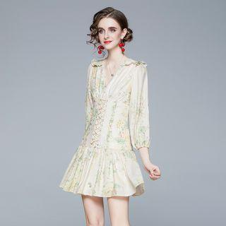 Floral Ruffle Trim Lace-up Mini A-line Dress