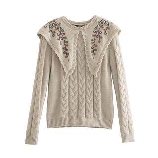 Floral Embroidered Wide-collar Sweater