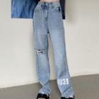 High Waist Lettering Distressed Baggy Jeans