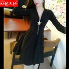 Deep Plunge Long-sleeve A-line Dress