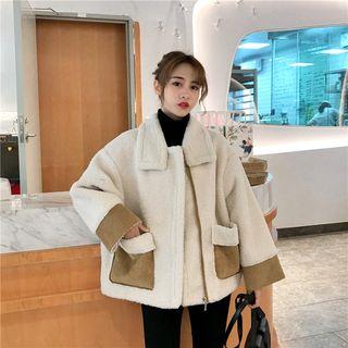 Contrast Trim Fleece Zip Jacket As Shown In Figure - One Size