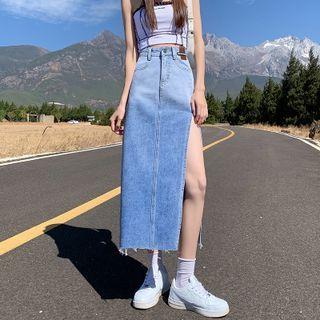 Ombre Frayed Denim Midi Skirt