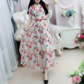 Flower Print Short-sleeve Midi A-line Dress As Shown In Figure - S
