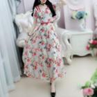 Flower Print Short-sleeve Midi A-line Dress As Shown In Figure - S