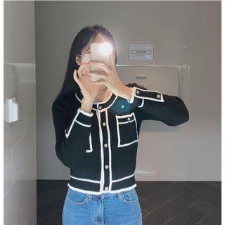 Long-sleeve Contrast Trim Plain Cardigan