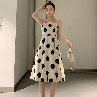 Spaghetti Strap Dotted Midi A-line Pleated Dress