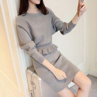 Set: Long-sleeve Frill Trim Top + Skirt
