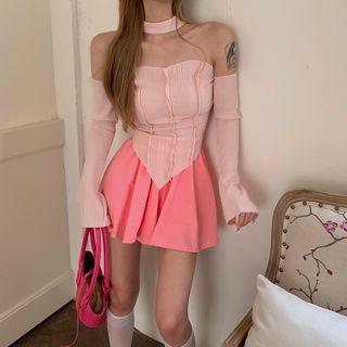 Flared-sleeve Off-shoulder Asymmetrical T-shirt / Mini A-line Skirt