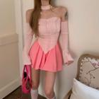 Flared-sleeve Off-shoulder Asymmetrical T-shirt / Mini A-line Skirt