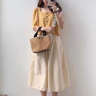 Short-sleeve Square-neck Top / Midi A-line Skirt / Set