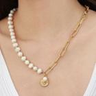 Faux Pearl Chain Necklace 1pc - Gold & White - One Size