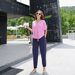 Set: V-neck Blouson Top + Drawcord Jogger Pants