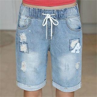 Band-waist Roll-up Hem Denim Shorts