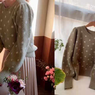 Puff-sleeve Dotted Knit Top Khaki - One Size