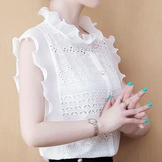 Sleeveless Frilled Trim Eyelet Button Top
