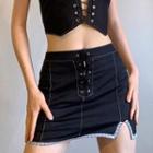 Lace-trim Lace-up Slit Miniskirt