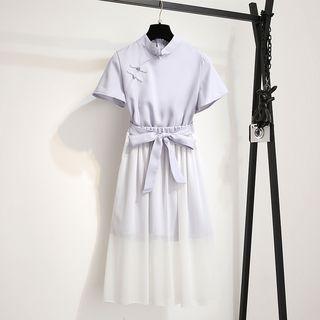 Set: Short-sleeve Mini Qipao + Midi Mesh Skirt