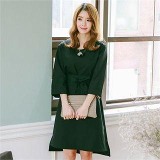 Cuff-sleeve Shift Dress With Sash