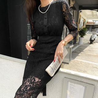 Tie-waist Lace Midi Sheath Dress